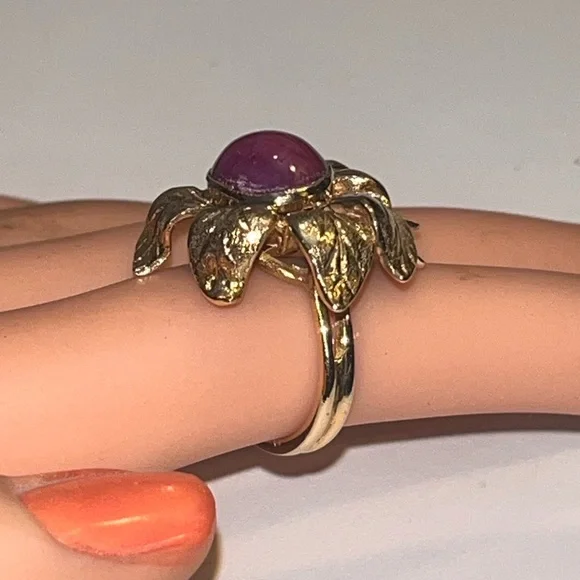 ANTIQUE 14K YELLOW GOLD MASSIVE RING "FLOWER" with "RED STAR"-RUBY, ART NOUVEAU - Picture 10 of 12